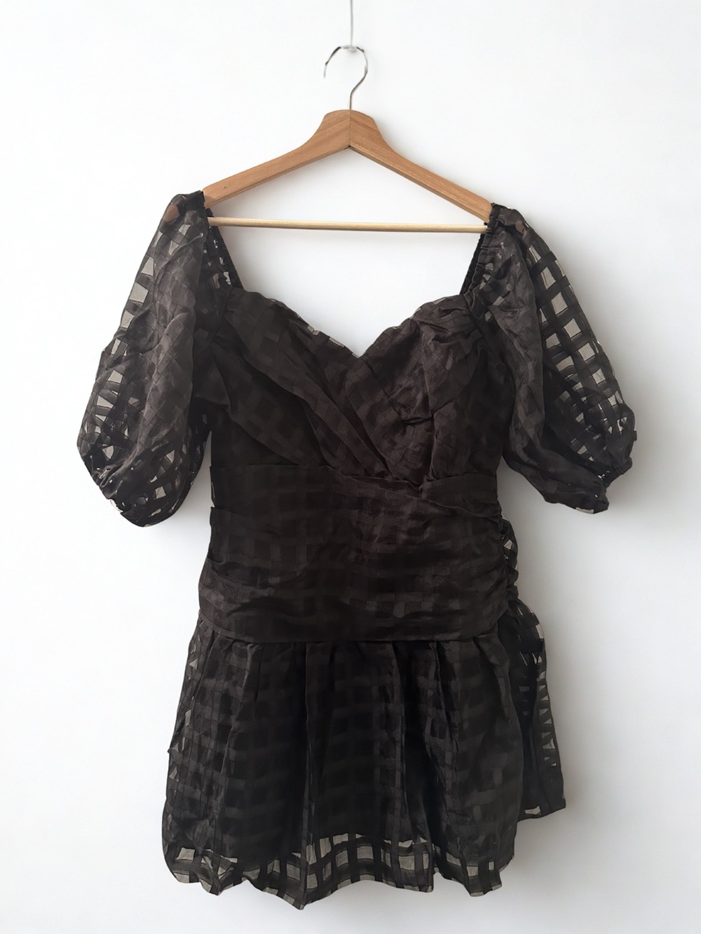 HELLO MOLLY NWT Gal Pal Black Sheer Grid Puff Sleeve Mini Dress